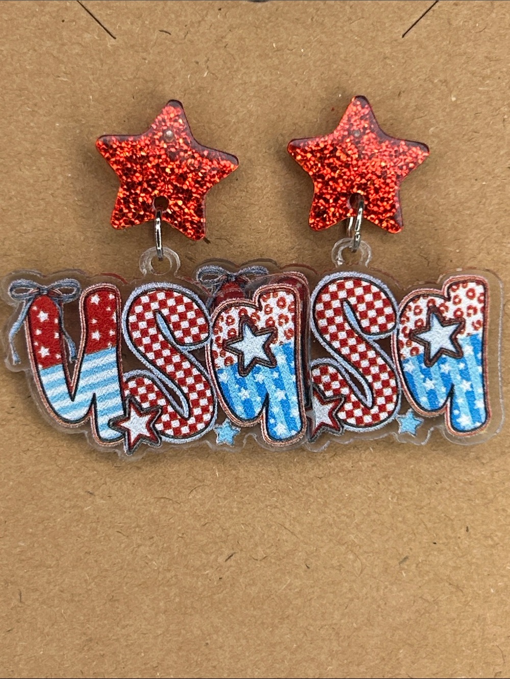 Patriotic USA Glitter Star Stud Dangle Earrings Fashion Jewelry